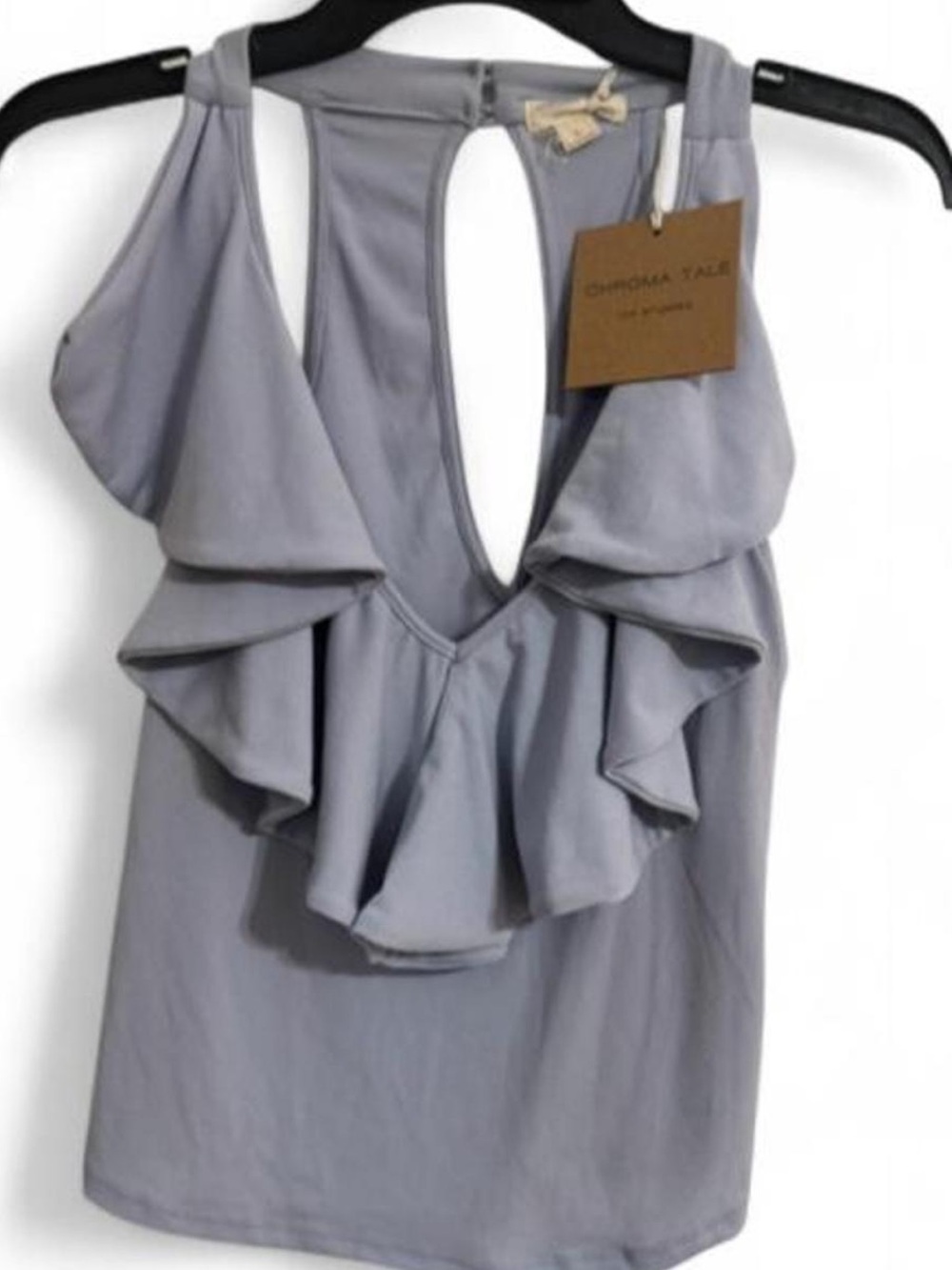 NWT Chromatale Ruffle Plunging Halter Top Lavender Blue Size L Large